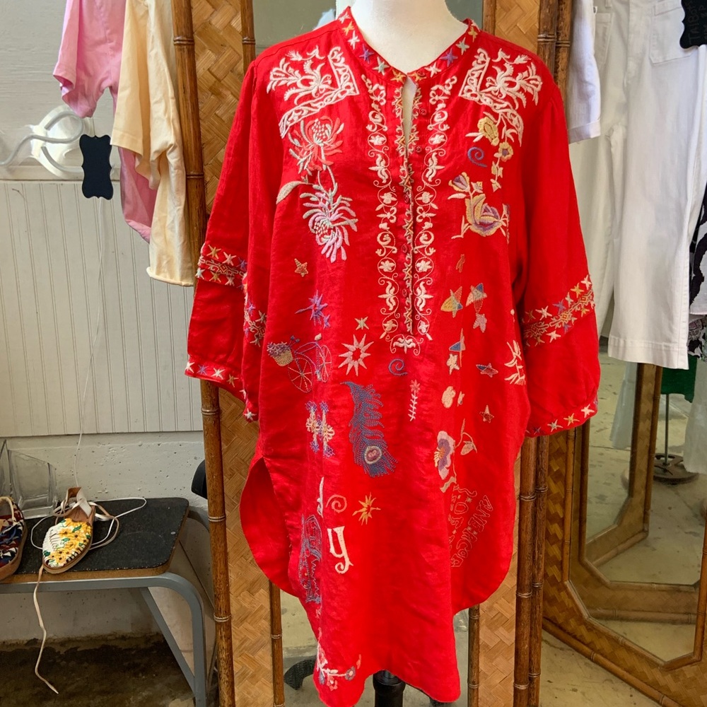 Johnny Was Red Embroidered Top XL